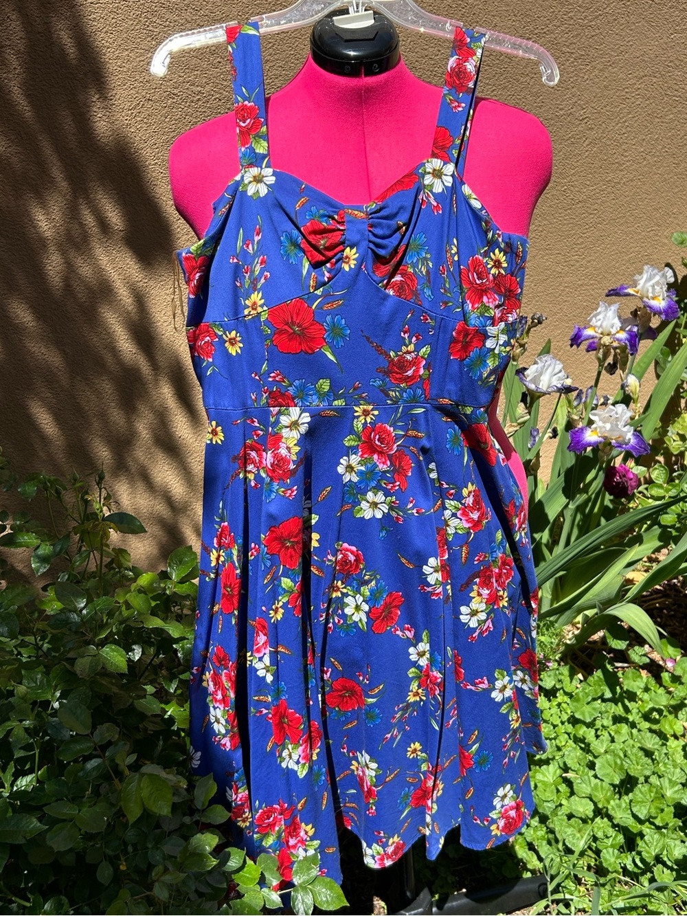 Hearts & Roses Blue Floral Sundress with Red Flower Print